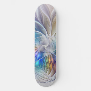 Skateboard Fantasía floral, flor fractal abstracta colorida