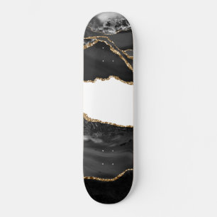 Skateboard Faux Marble Agate Black Stylish Stone Luxury Gold