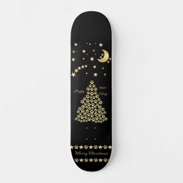 Skateboard Felices Pawlidays, árbol de navidad Gold brillante (Anverso)