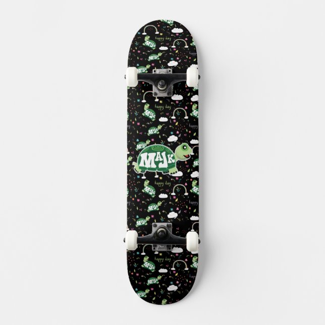 Skateboard "Feliz día" Ensamblado negro con tortugas/arcoíris (Anverso)