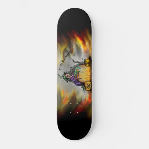 Skateboard Feliz Halloween con bruja, gato negro y calabaza