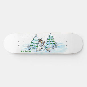 Skateboard ¡Feliz Navidad! Hombre de nieve con gato y cachorr