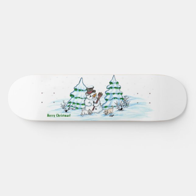Skateboard ¡Feliz Navidad! Hombre de nieve con gato y cachorr (Horz)