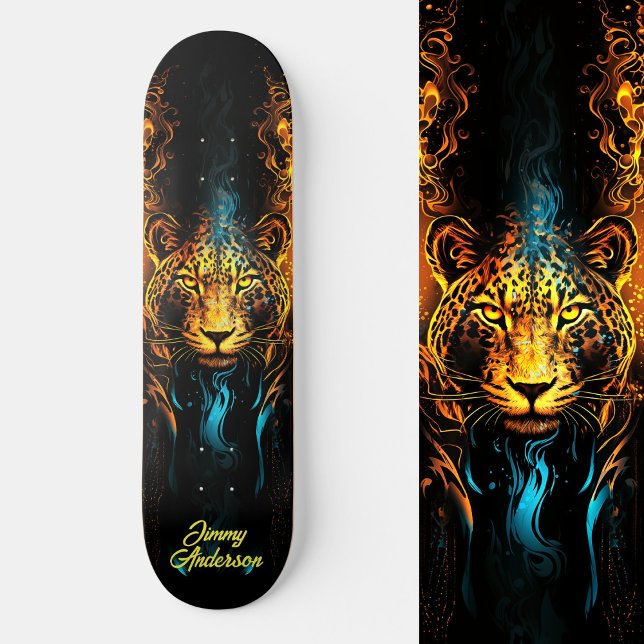 Skateboard Feroe brillante Tigre azul y amarillo estilo Guay (Fiery Glowing Tiger Blue & Yellow Cool Style Skateboard)