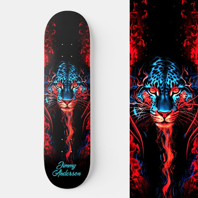Skateboard Feroe GIGHT Tiger Blue & Red Guay Style (Fiery Glowing Tiger Blue & Red Cool Style Skateboard)