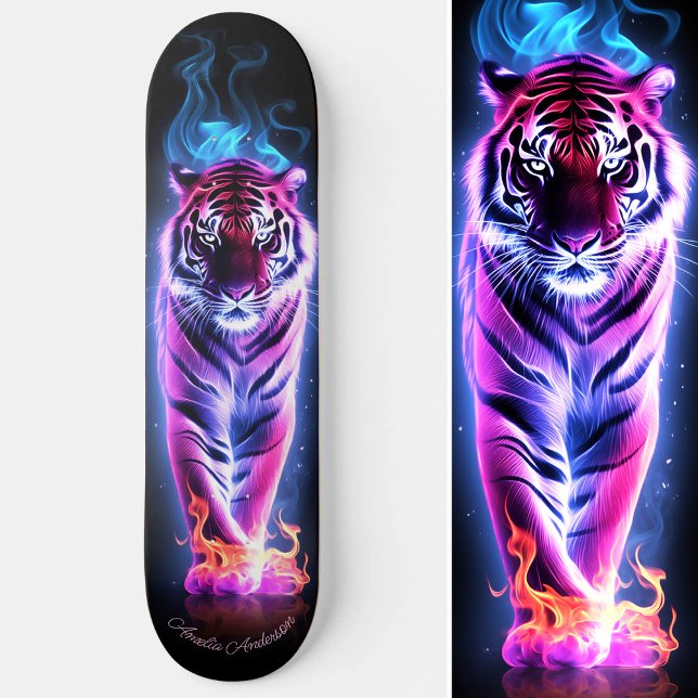 Skateboard Feroe Tigre rosa y azul brillante estilo Guay (Fiery Tiger Pink & Blue Glowing Cool Style Skateboard)
