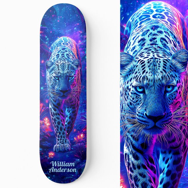 Skateboard Fiery Gslow Blue Cheetah Estilo Guay (Fiery Glowing Blue Cheetah Cool Style Skateboard)