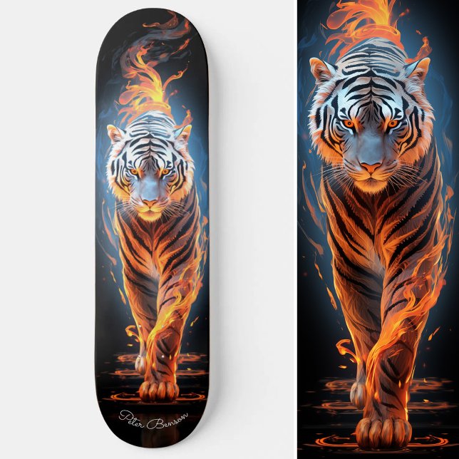 Skateboard Fiery Tigre blanco y azul brillante estilo Guay (Fiery Tiger White & Blue Glowing Cool Style Skateboard)