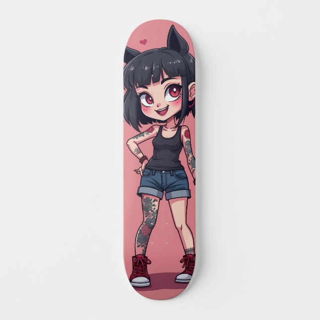 Skateboard Fille aux tatouages style cartoon (Anverso)
