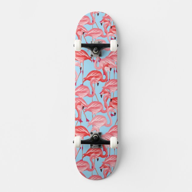 Skateboard Flamencos rosados brillantes en azul (Anverso)