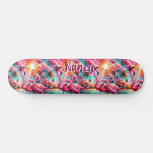 Skateboard Flamencos rosados tropicales palmeras personalizad