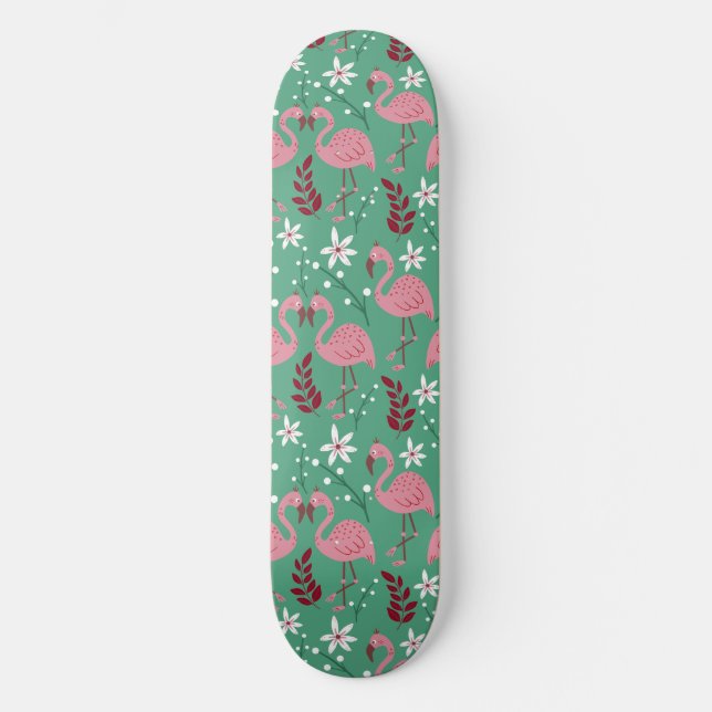 Skateboard Flamingo floral sin soldadura patrón rosa verde (Anverso)