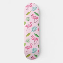 Skateboard Flamingo rosa lindo con patrón de hojas tropicales