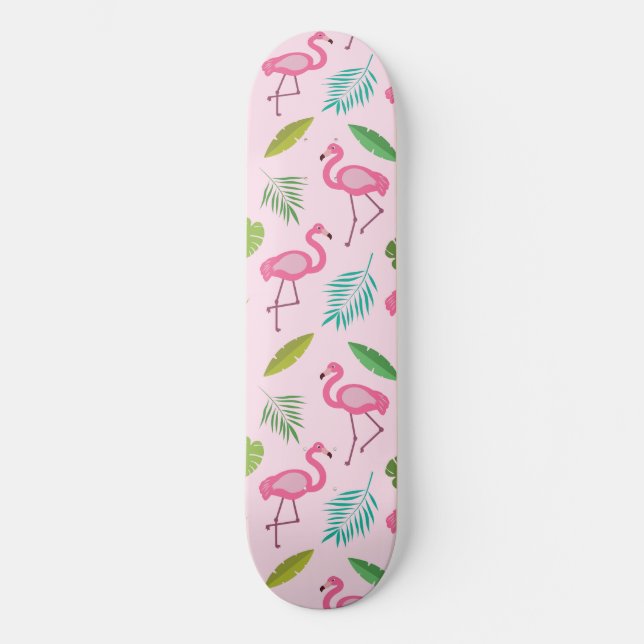 Skateboard Flamingo rosa lindo con patrón de hojas tropicales (Anverso)