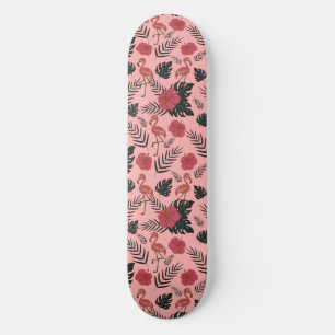Skateboard Flamingo rosa sin costura flores patrón y hojas