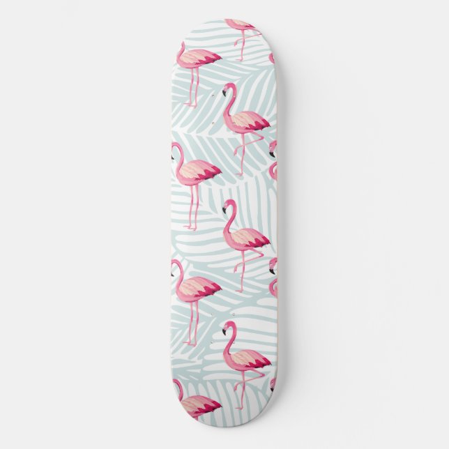 Skateboard Flamingo rosa y hojas de palma - Cuidada (Anverso)