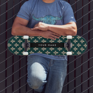 Skateboard Fleur de Lis, beige sobre verde, real, tu nombre