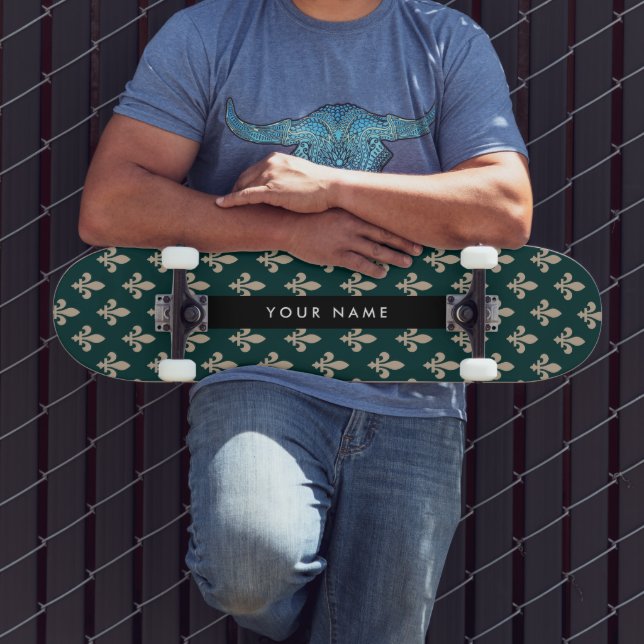 Skateboard Fleur de Lis, beige sobre verde, real, tu nombre (Exterior 3)