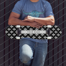 Skateboard Fleur de Lis, Blanco sobre Negro, Blanco, Tu Nombr