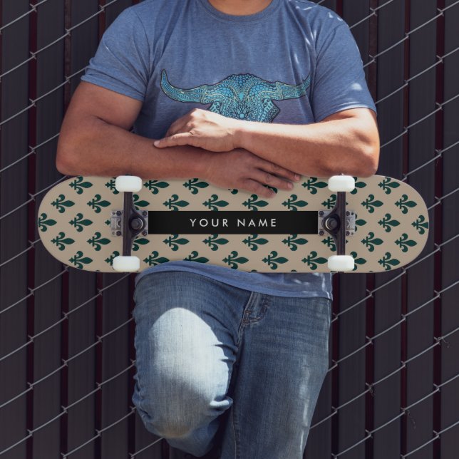 Skateboard Fleur de Lis, Green on Beige, Royal, Your Name (Exterior 3)