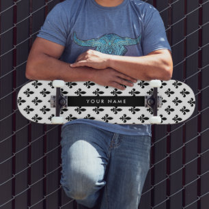Skateboard Fleur de Lis, Negro sobre Blanco, Negro, Tu Nombre