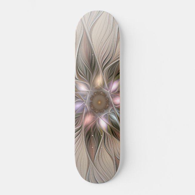 Skateboard Flor abstracta alegre beige marrón fractal floral (Anverso)