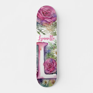 Skateboard Flor acuática colorida monograma L personalizada