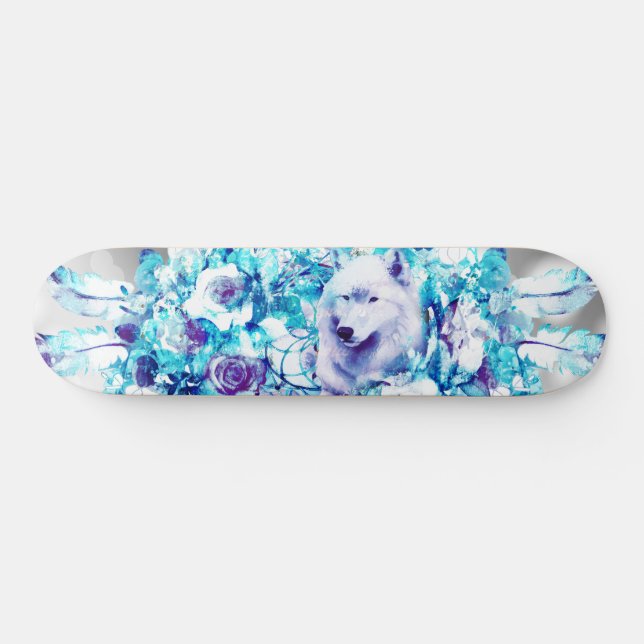 Skateboard Flor azul púrpura Lobo blanco Dreamcatcher (Horz)