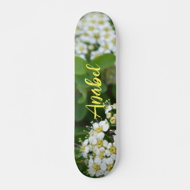 Skateboard Flor, Blanco, Verde, Dulce 16 Girly, Personalizado (Anverso )