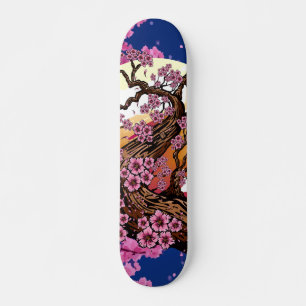 Skateboard Flor de Cerezo Azul Atardecer Estética Japonesa