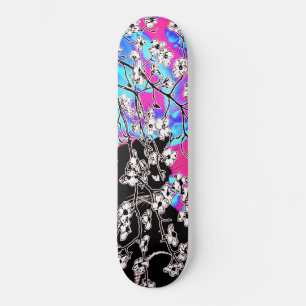 Skateboard Flor de cerezo Gato negro cielo abstracto azul Flo