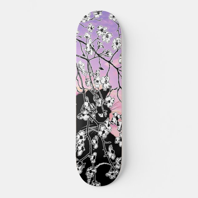 Skateboard Flor de cerezo Gato negro Floral cielo rosado (Anverso)