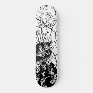 Skateboard Flor de cerezo Gato negro Floral negro y blanco