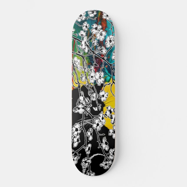 Skateboard Flor de cerezo Gato Negro Resumen Floral (Anverso)