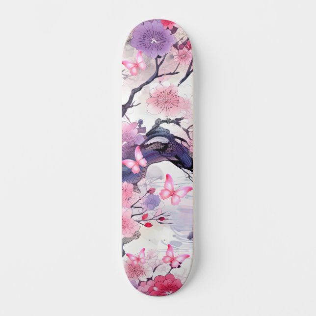 Skateboard Flor de cerezo japonesa y mariposas (Anverso)