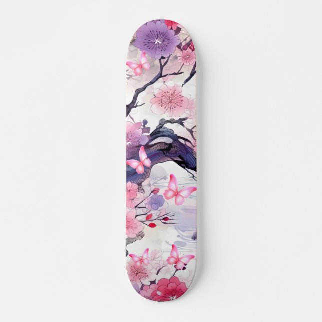 Skateboard Flor de cerezo japonesa y mariposas (Anverso )