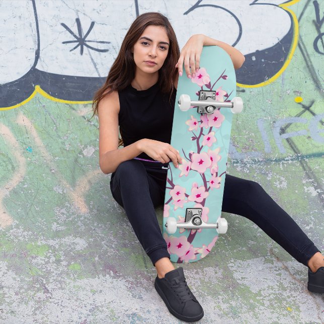Skateboard Flor de cerezo rosa turquesa (Subido por el creador)