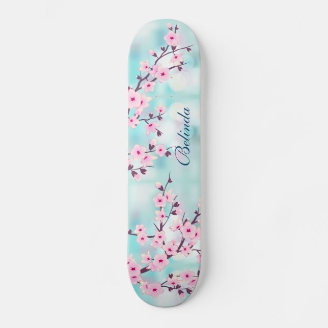 Skateboard Flor de cerezo rosa Turquoise Bokeh Monograma Giro (Anverso)