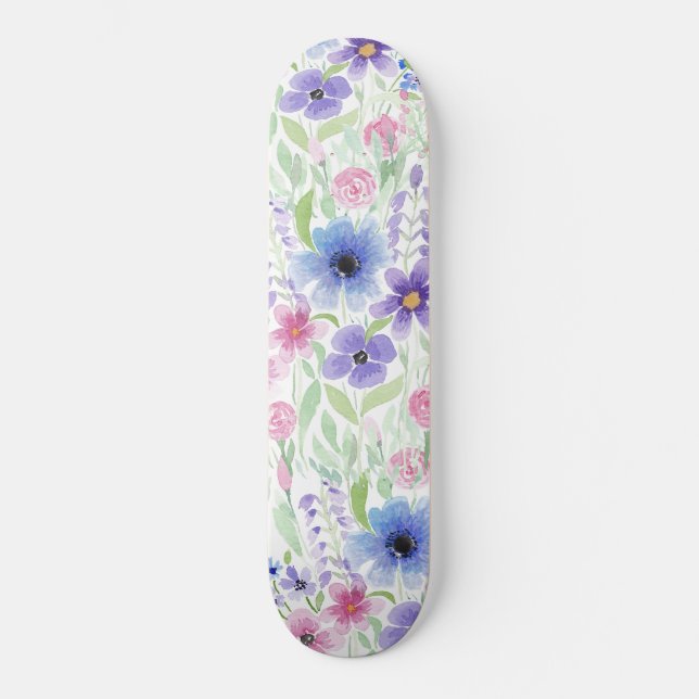 Skateboard Flor de color azul rosado púrpura elegante del paí (Anverso)