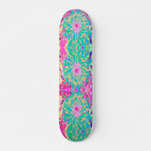 Skateboard Flor de Dahlia verde y rosa caliente decorativa Ve