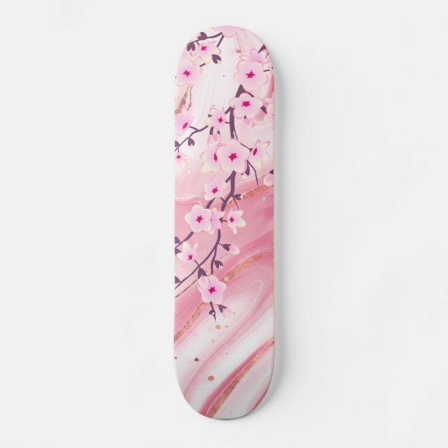 Skateboard Flor de fondo de mármol de flores de cerezo rosa (Anverso)
