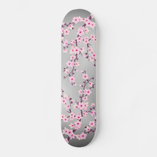 Skateboard Flor gris de cerezo rosa Asia floral