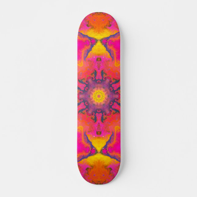 Skateboard Flor hippie psicodélica rosa morada y amarilla (Anverso )