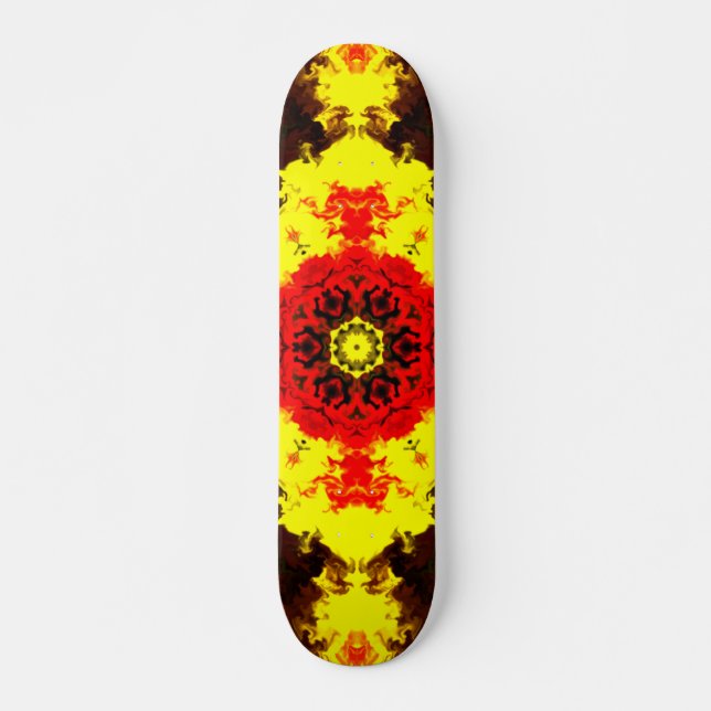 Skateboard Flor psicodélica caleidoscópica amarillo y rojo (Anverso )