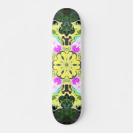 Skateboard Flor psicodélica caleidoscópica amarillo y rosa