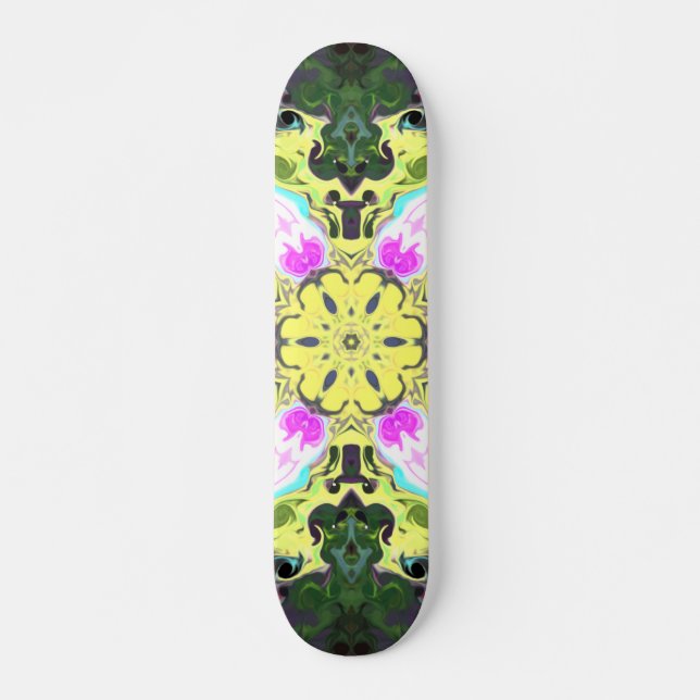 Skateboard Flor psicodélica caleidoscópica amarillo y rosa (Anverso )