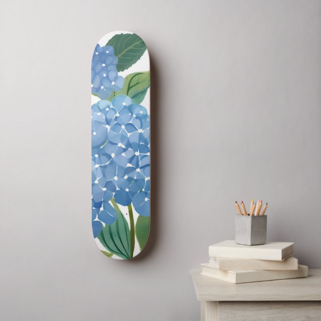 Skateboard Flora acuarela de hidráneas azules (Arte de la pared)