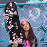 Skateboard Floral Cerezo Blossom Monograma Black Pink Girona<br><div class="desc">Diseño de flor de cerezo japonés de color negro rosado para chicas adolescentes. Personalizar este Skateboard con el nombre de su hija!</div>