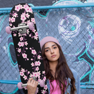 Skateboard Floral Cherry Blossom Pink Black Girly