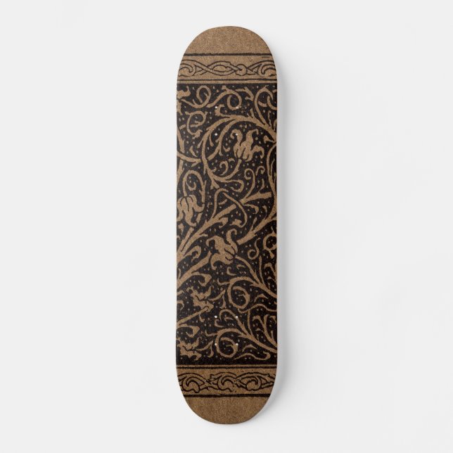 Skateboard Floral de cuero marrón Art Nouveau (Anverso)